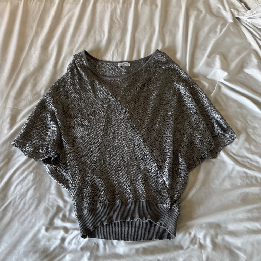 Charming Charlie Sequin Knit Top XL Silver Metallic Poncho Batwing Distressed